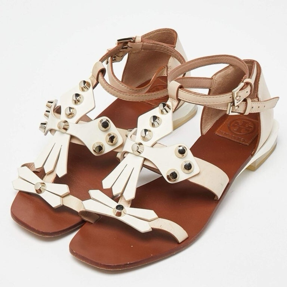 Tory Burch Aurora Studded Ankle Sandals Cream